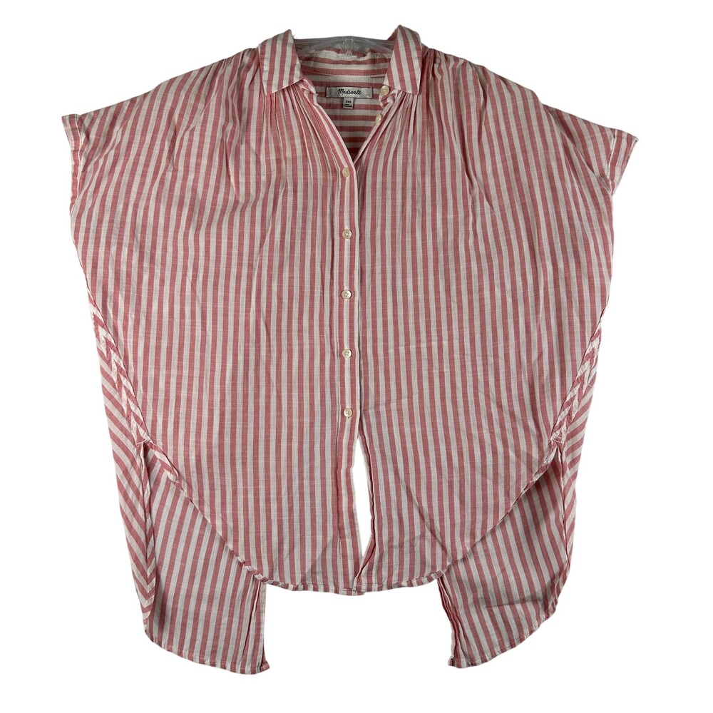 Madewell Button Up Shirt Womens XXS Pink Stripe Short Sleeve Dolman Tunic Top